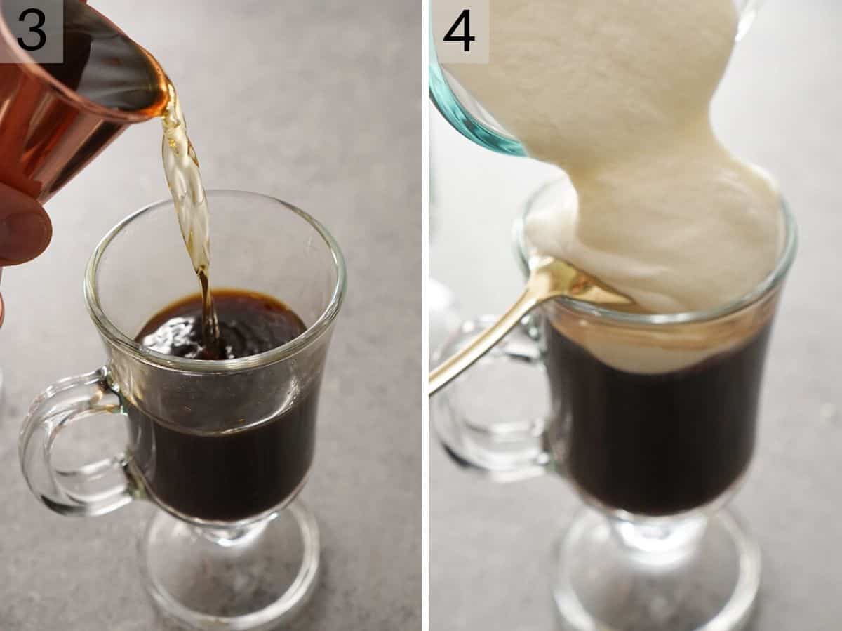 Two photos showing how to make an Irish coffee with whipped cream