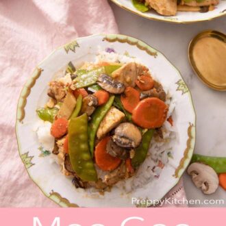 Pinterest graphic of a plate of moo goo gai pan over some rice.