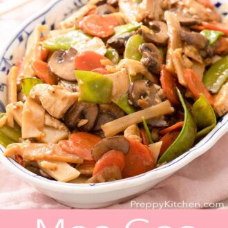 Pinterest graphic of a platter of moo goo gai pan.