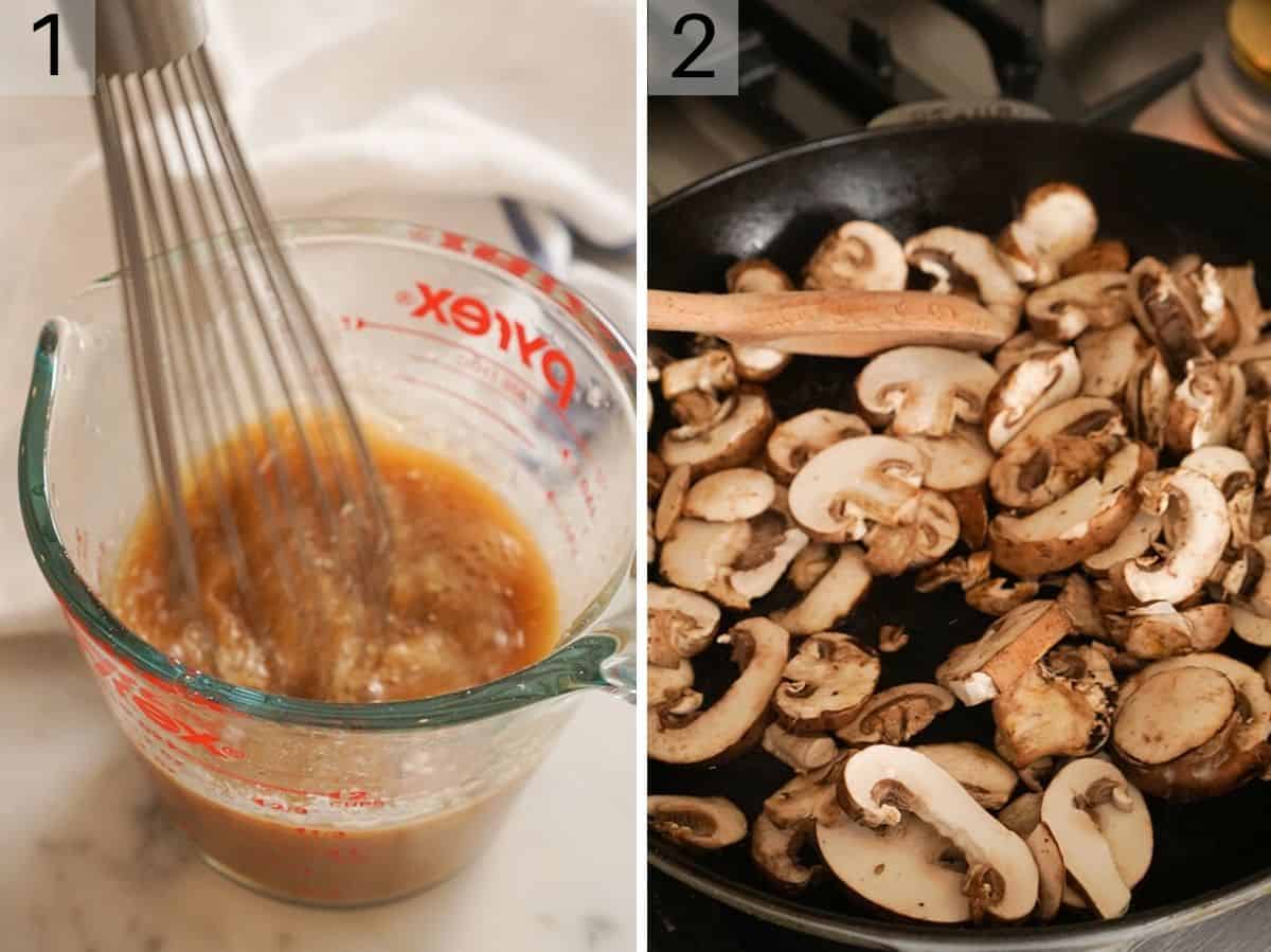 Set of two photos showing sauce whisked together and mushrooms cooking in a skillet.