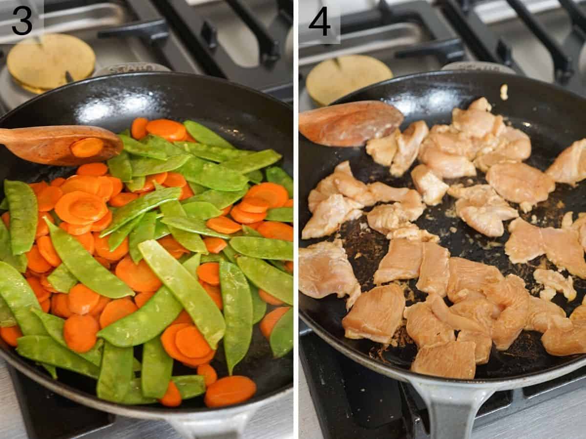 Set of two photos showing carrots, snow peas, and chicken stir fried.