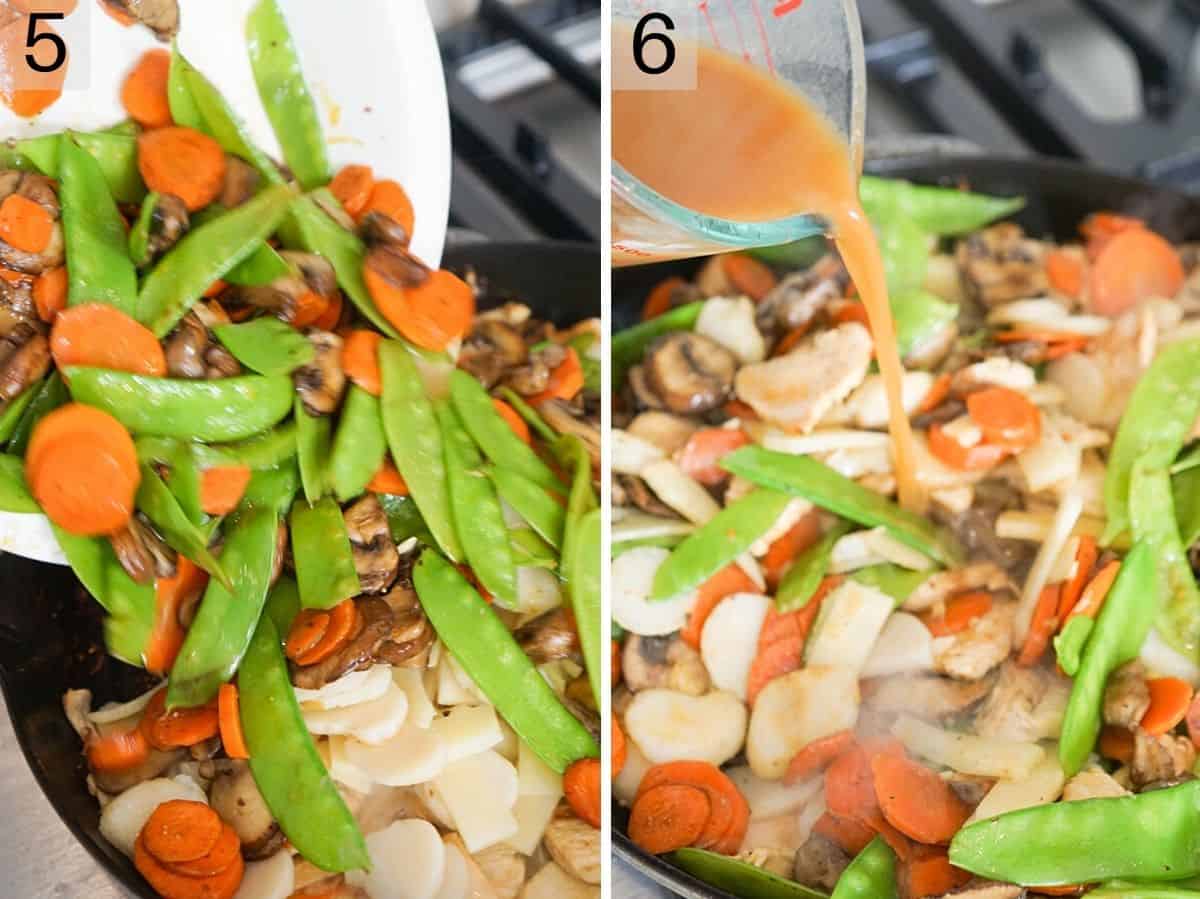 Set of two photos showing cooked vegetables and stir fry sauce added to a pan.