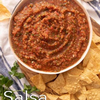 A Pinterest graphic of an overhead view of homemade salsa with chips around it.