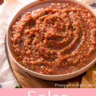 A Pinterest graphic of homemade salsa with a dipped chip lifted up.