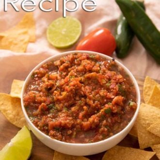 A Pinterest graphic of homemade salsa surrounded by chips and ingredients.