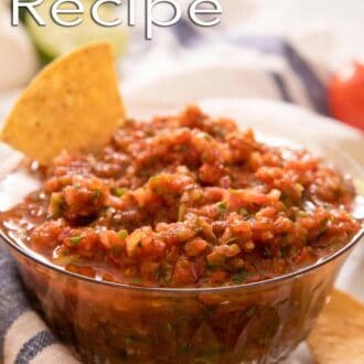A Pinterest graphic of homemade salsa in a clear bowl with a chip.
