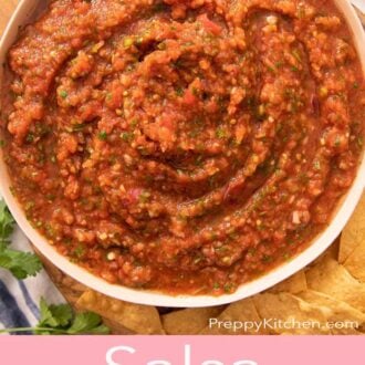 A Pinterest graphic of an overhead view of homemade salsa in a bowl.