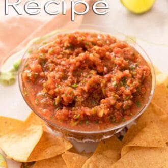 A Pinterest graphic of homemade salsa in a clear bowl with chips around it.