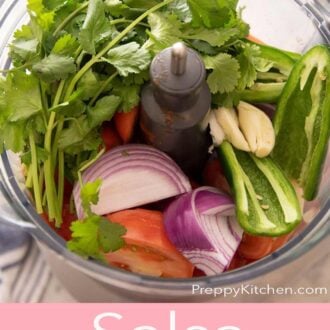 A Pinterest graphic of ingredients for homemade salsa in a food processor.