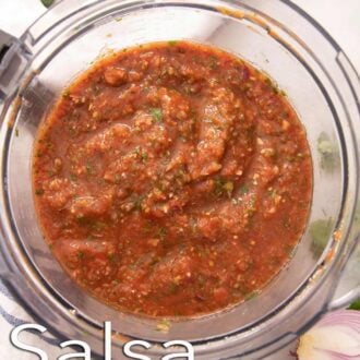 A Pinterest graphic of homemade salsa in a food processor.