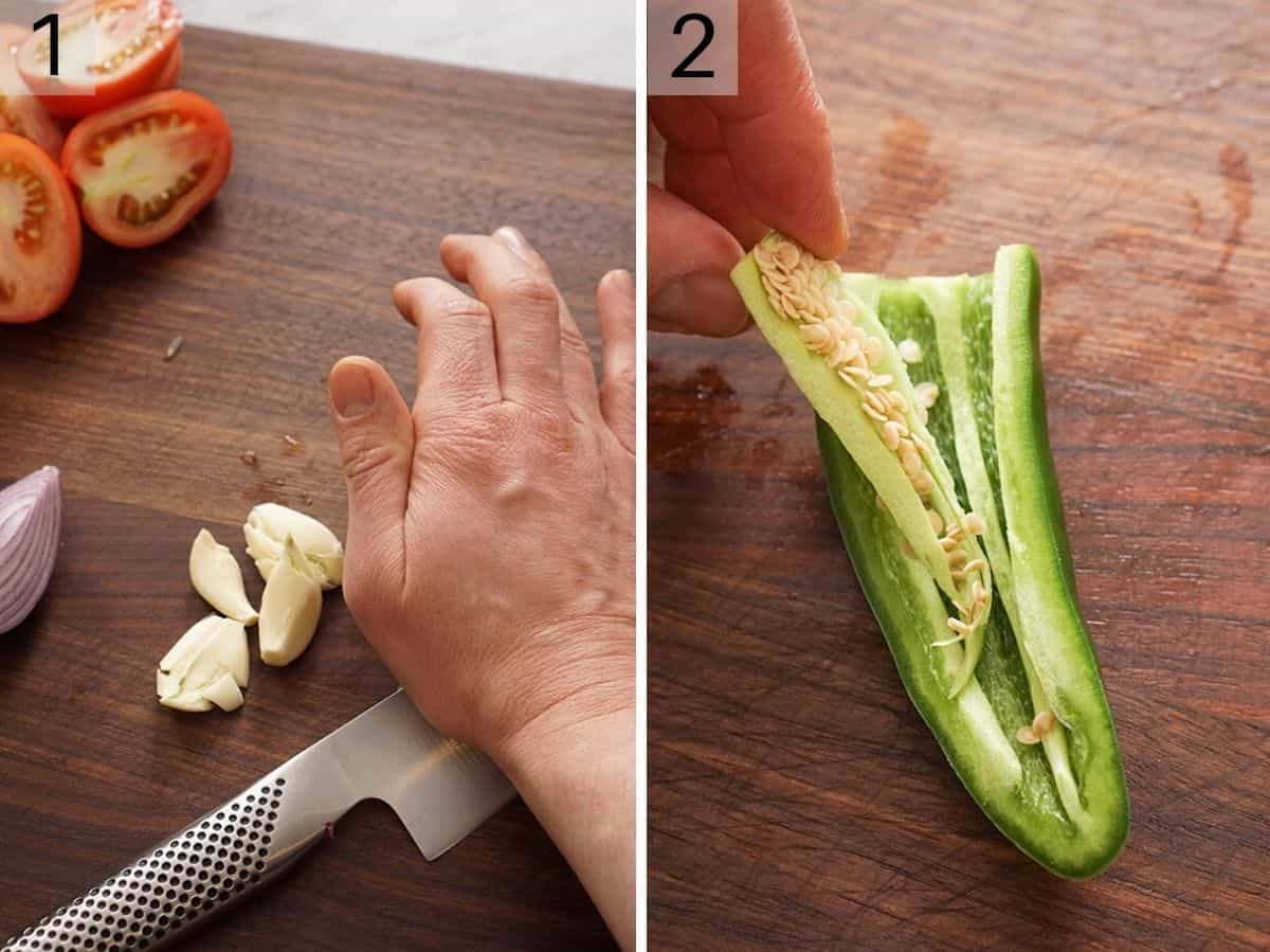 Set of two photos showing garlic chopped and a jalapeno pepper deseeded.