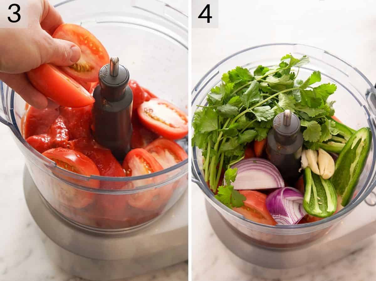 Set of two photos showing ingredients added to a food processor. 