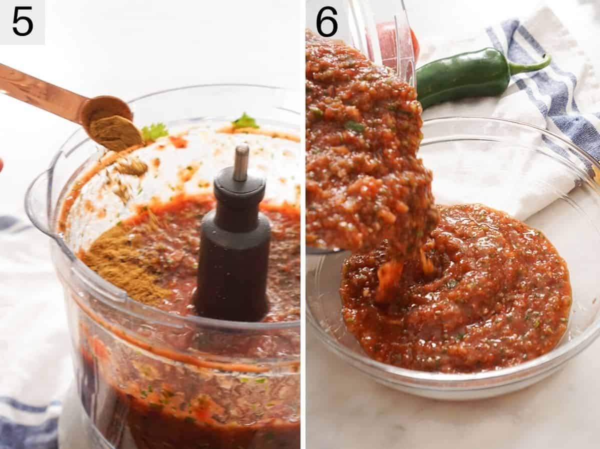Set of two photos showing seasoning added to a food processor and the salsa poured into a bowl.