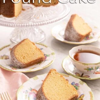 Pinterest graphic of slices of sour cream pound cake on plates.