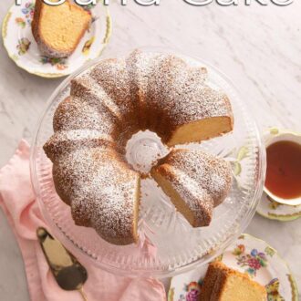 Pinterest graphic of an overhead shot of sour cream pound cake dusted with powdered sugar.