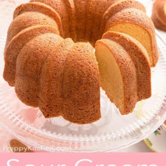 Pinterest graphic of a sour cream pound cake on a cake stand.