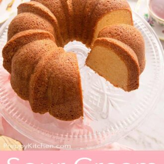 A Pinterest graphic of a sour cream pound cake with a slice cut out.
