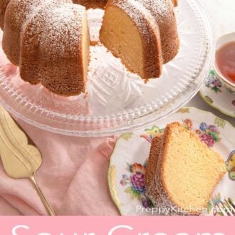 A Pinterest graphic of a sour cream pound cake on a cake stand with a slice cut out and placed on a plate on the side.