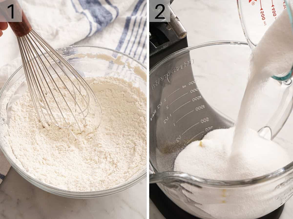 Two photos showing flour, salt, and baking soda in a mixing bowl.
