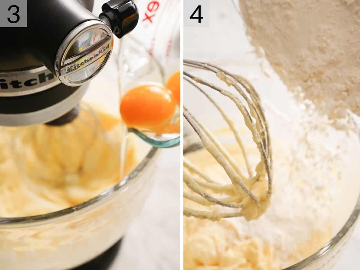 Set of two images showing eggs and flour added to a mixer.