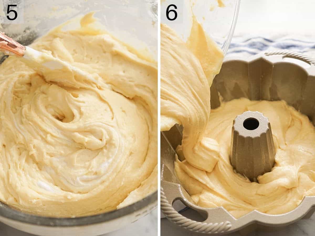Set of two images showing cake batter mixed and poured into a Bundt pan.