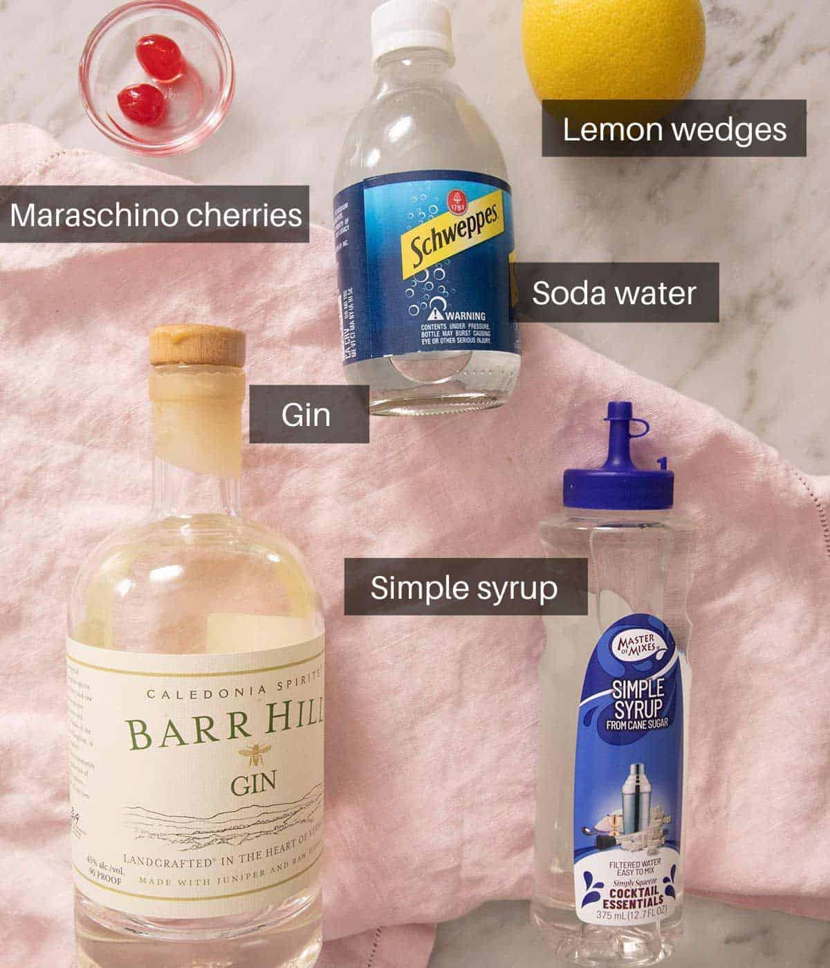 An overhead shot of all the ingredients you need to make a Tom Collins