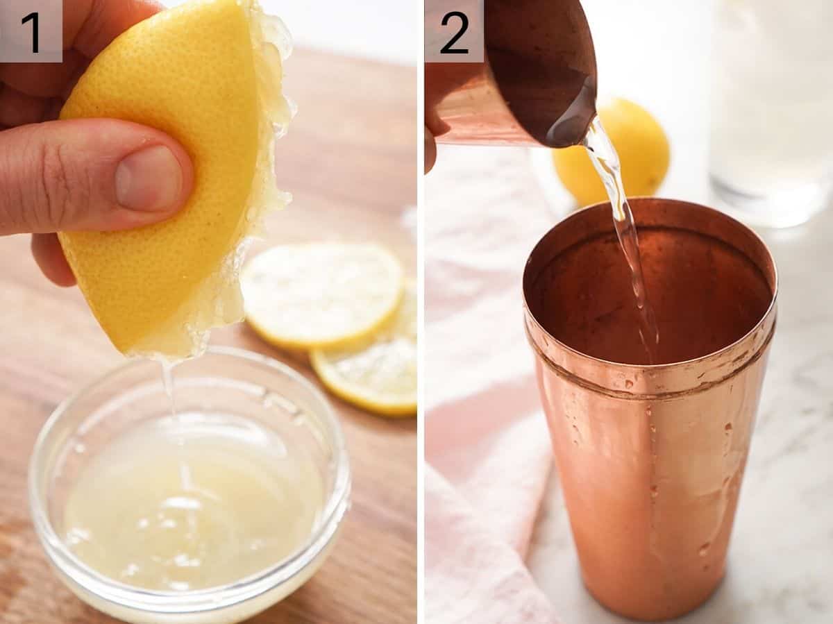 Tom collins ingredients getting poured into a cocktail shaker
