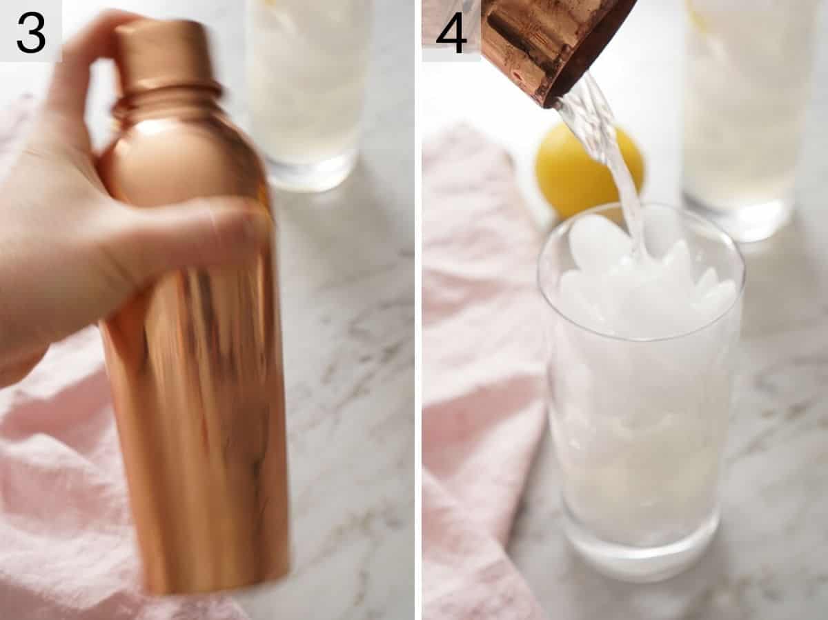 A tom collins getting poured into a tall glass with ice