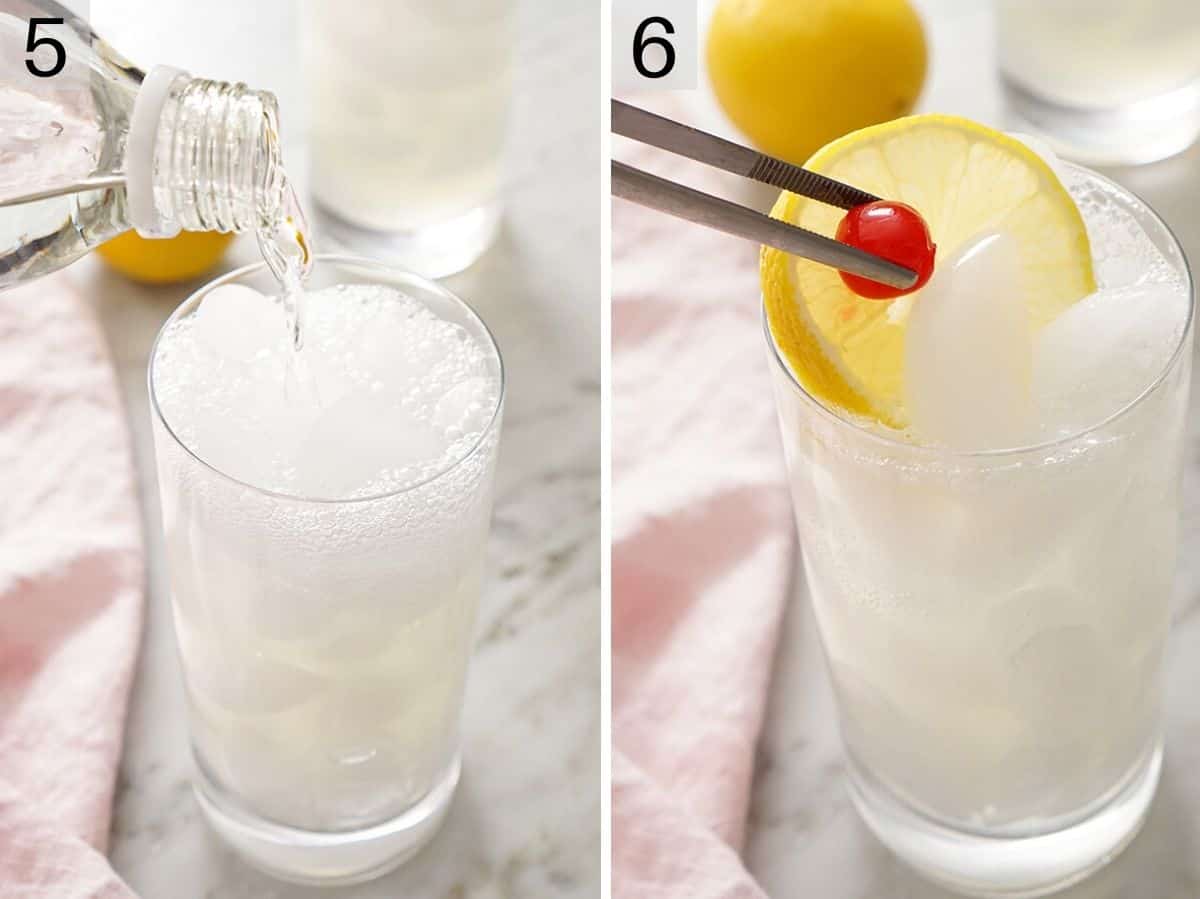 Adding garnishes to a tom collins cocktail