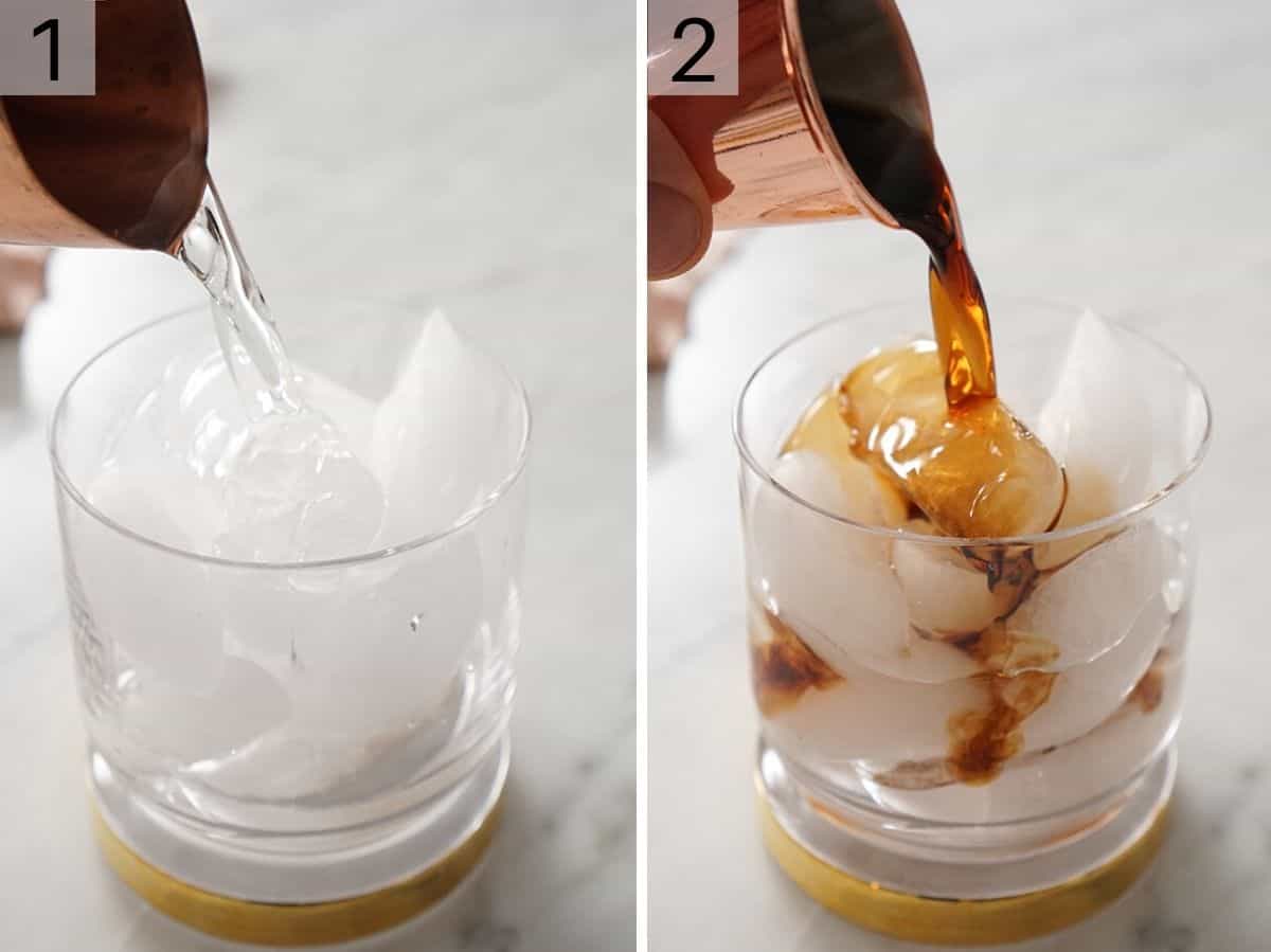 Pouring vodka and kahlua into a cocktail glass filled with ice