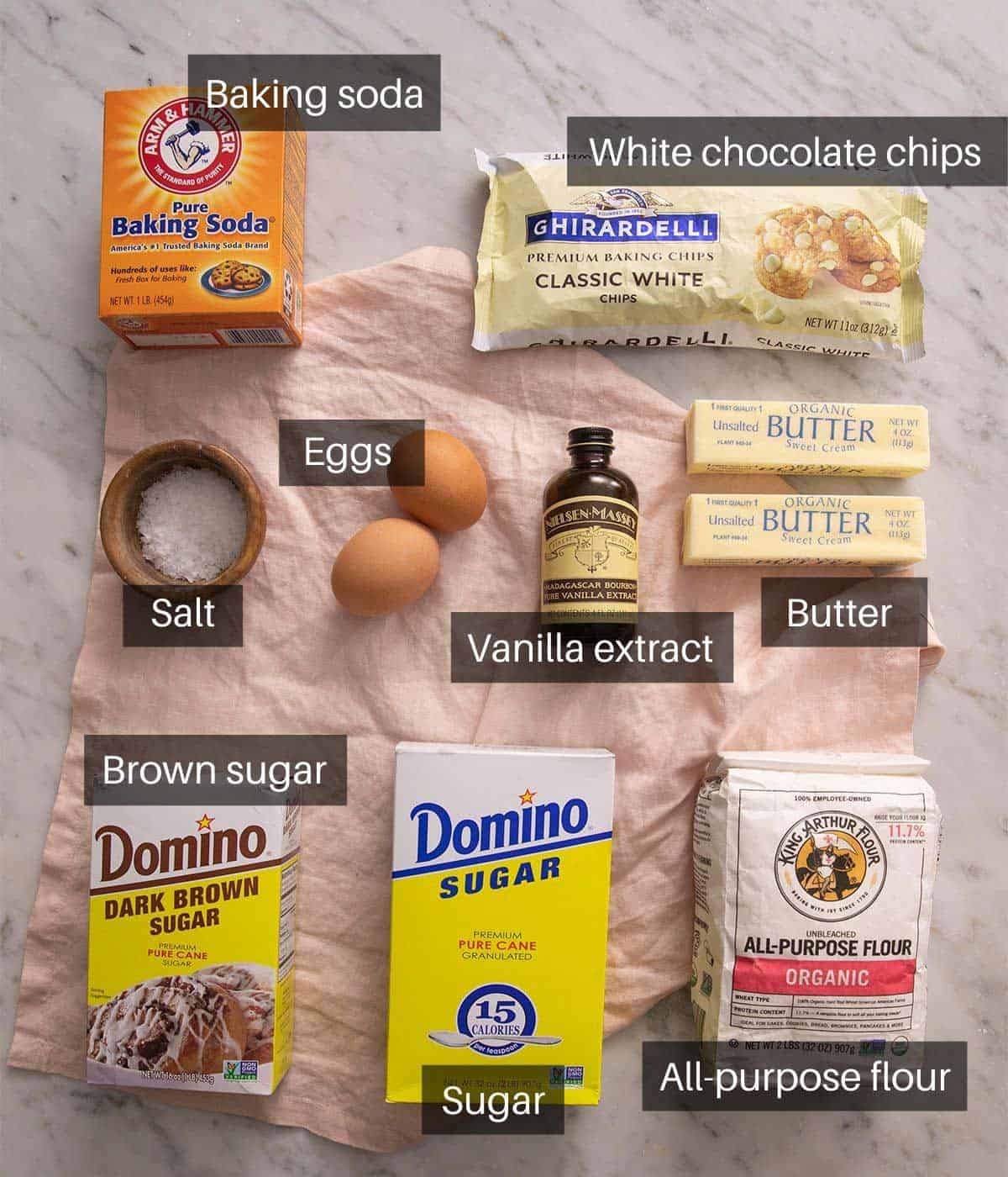 An overhead shot of all the ingredients you need to make white chocolate chip cookies