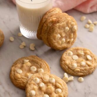 A pinterest graphic of white chocolate chip cookies