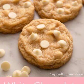 A pinterest graphic of white chocolate chip cookies