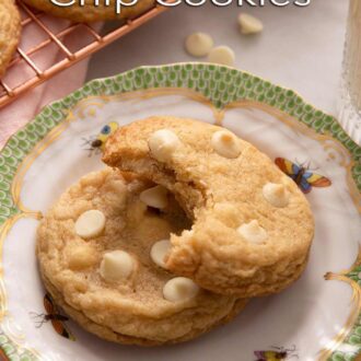 A pinterest graphic of white chocolate chip cookies
