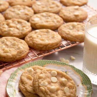 A pinterest graphic of white chocolate chip cookies