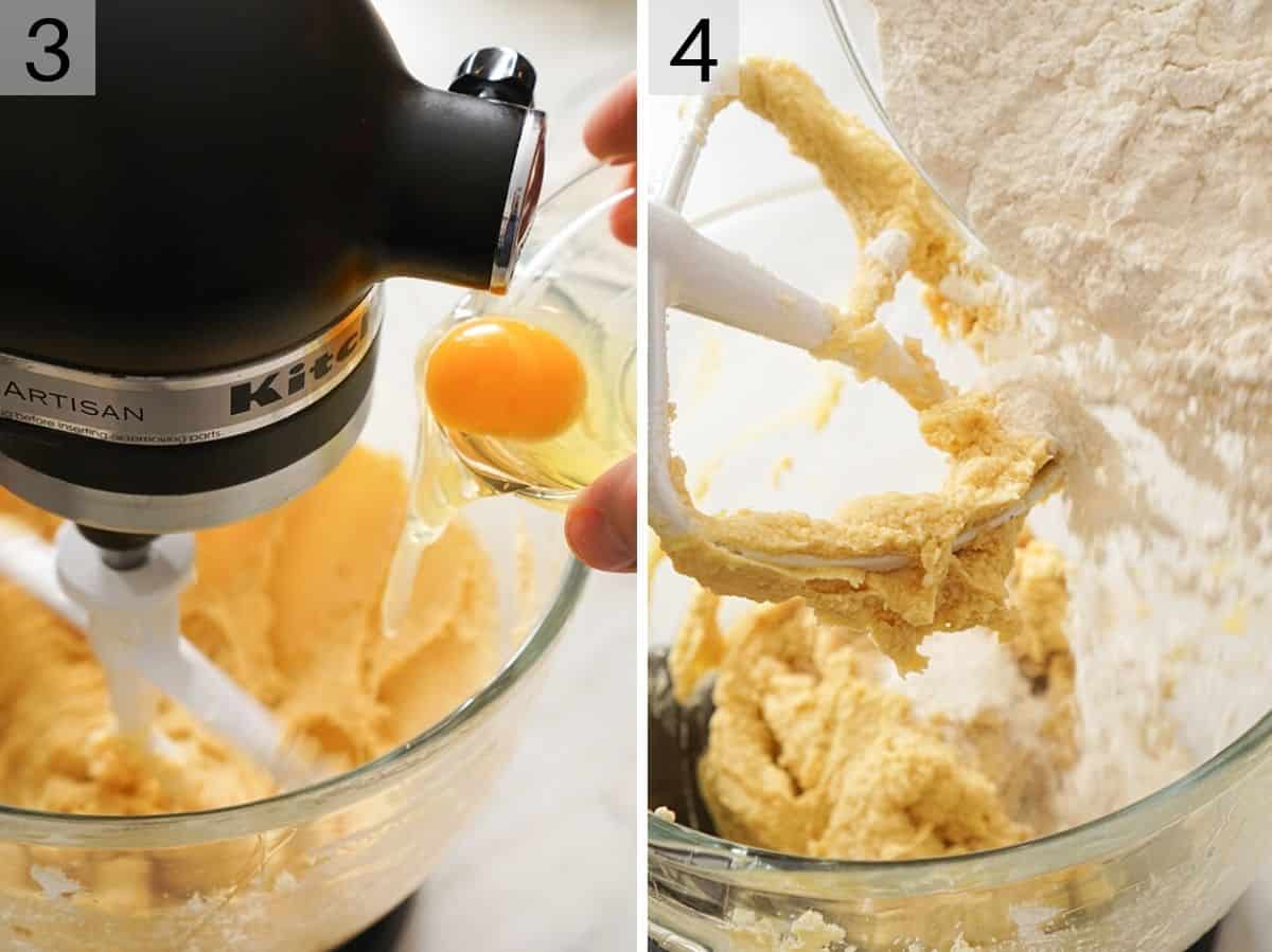 Adding eggs and flour to beaten butter and sugar