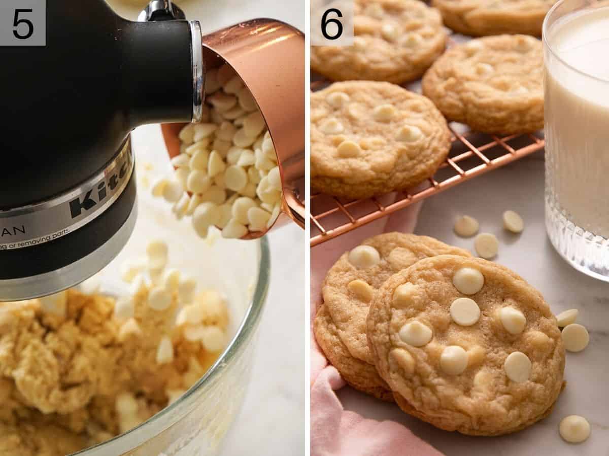Adding white chocolate chips to batter and baked cookies on a cooling rack