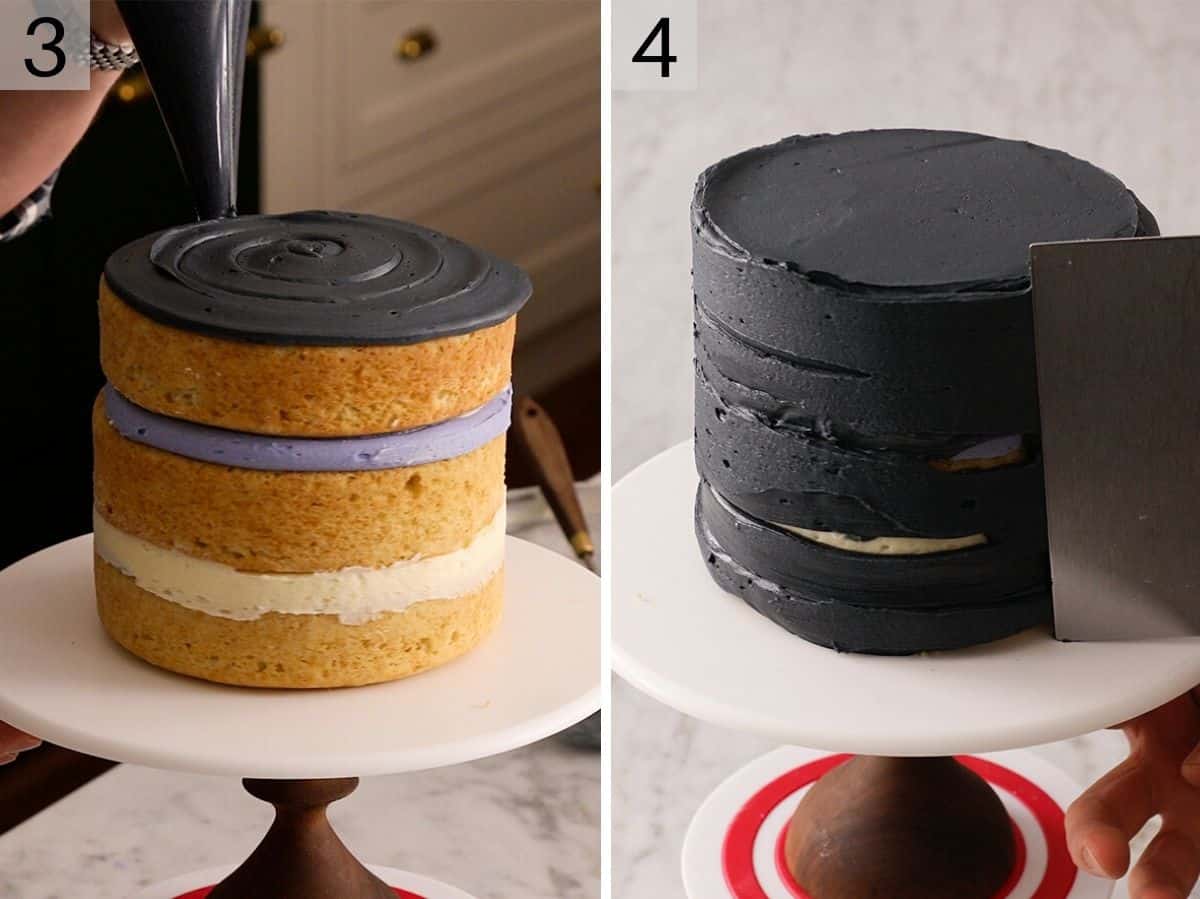 Two photos showing how to cover a cake in black frosting