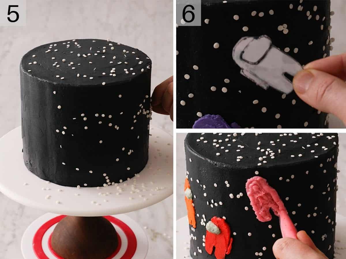 Two photos showing how to decorate an among us cake