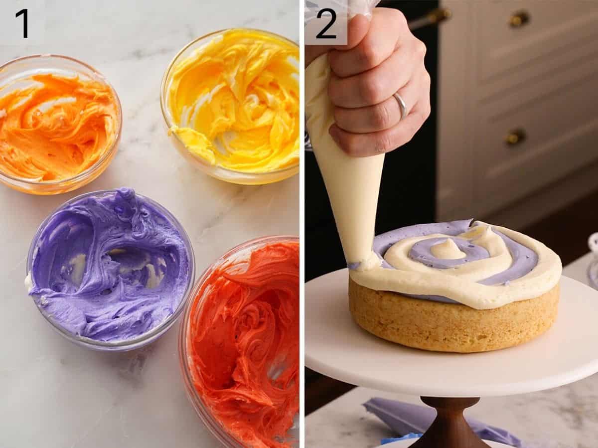 Different colored buttercream in bowl and a hand piping it on a cake