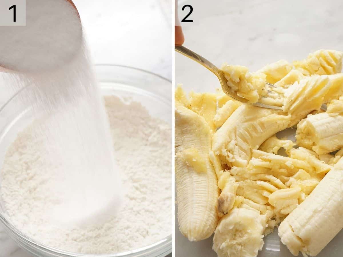 Dry ingredients in a bowl and a banana getting mashed with a fork