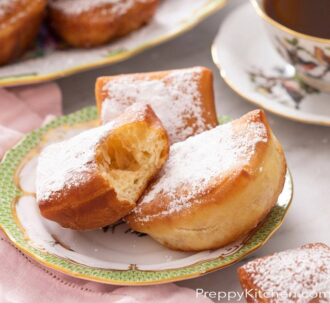 Pinterest graphic of a plate of beignets with a bite taken out of one.