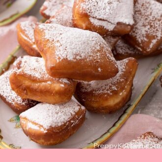 Pinterest graphic of a platter with beignets.