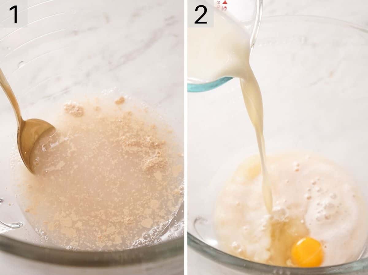 Two photos showing yeast activated and other beignet dough ingredients added.