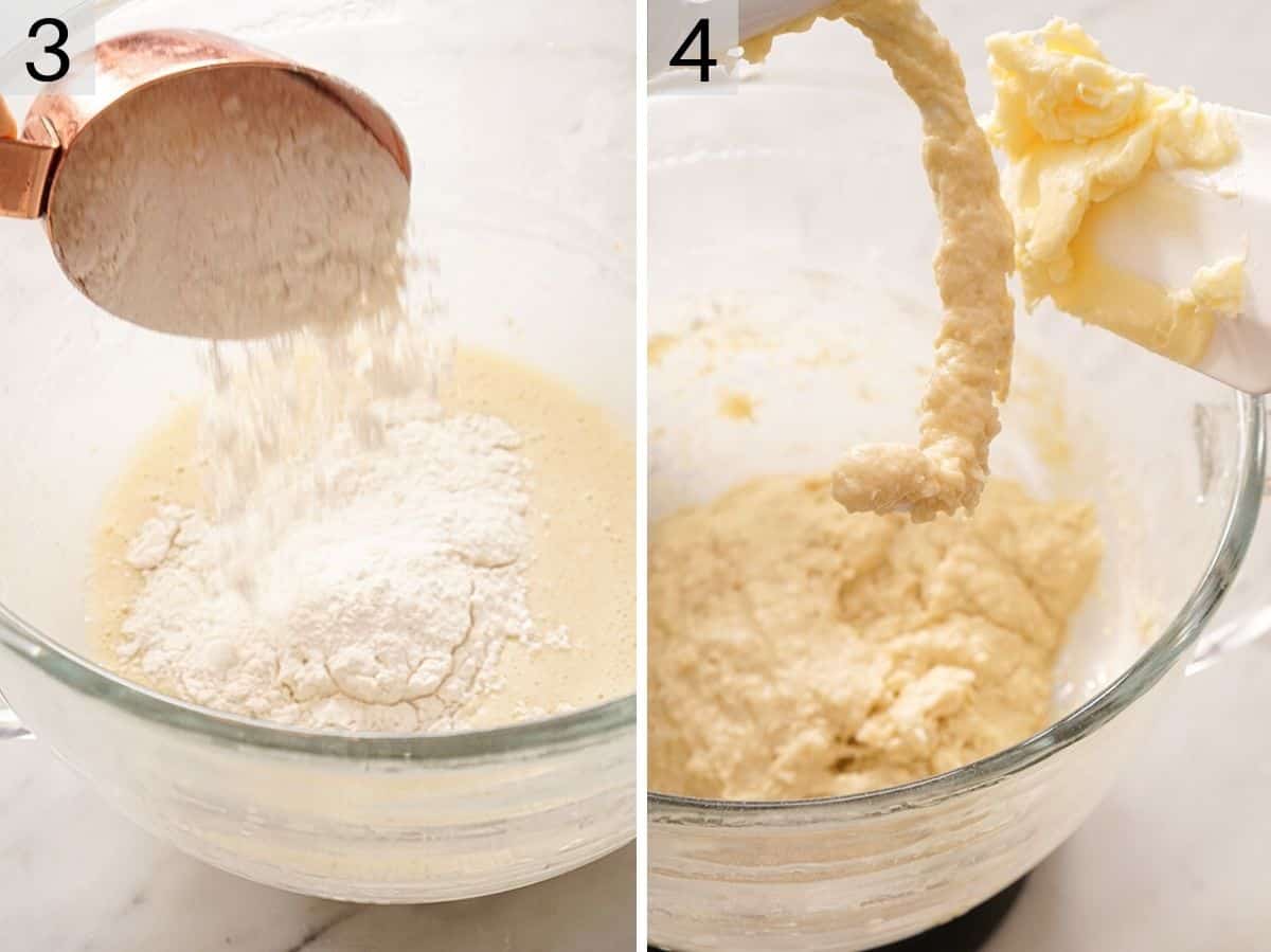 Two photos showing how to make dough for beignets.