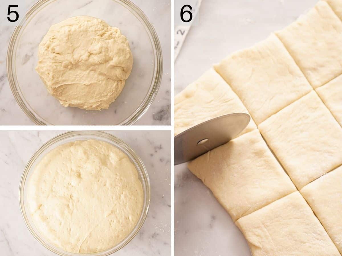 Two photos showing risen beignet dough and how to cut them into squares.