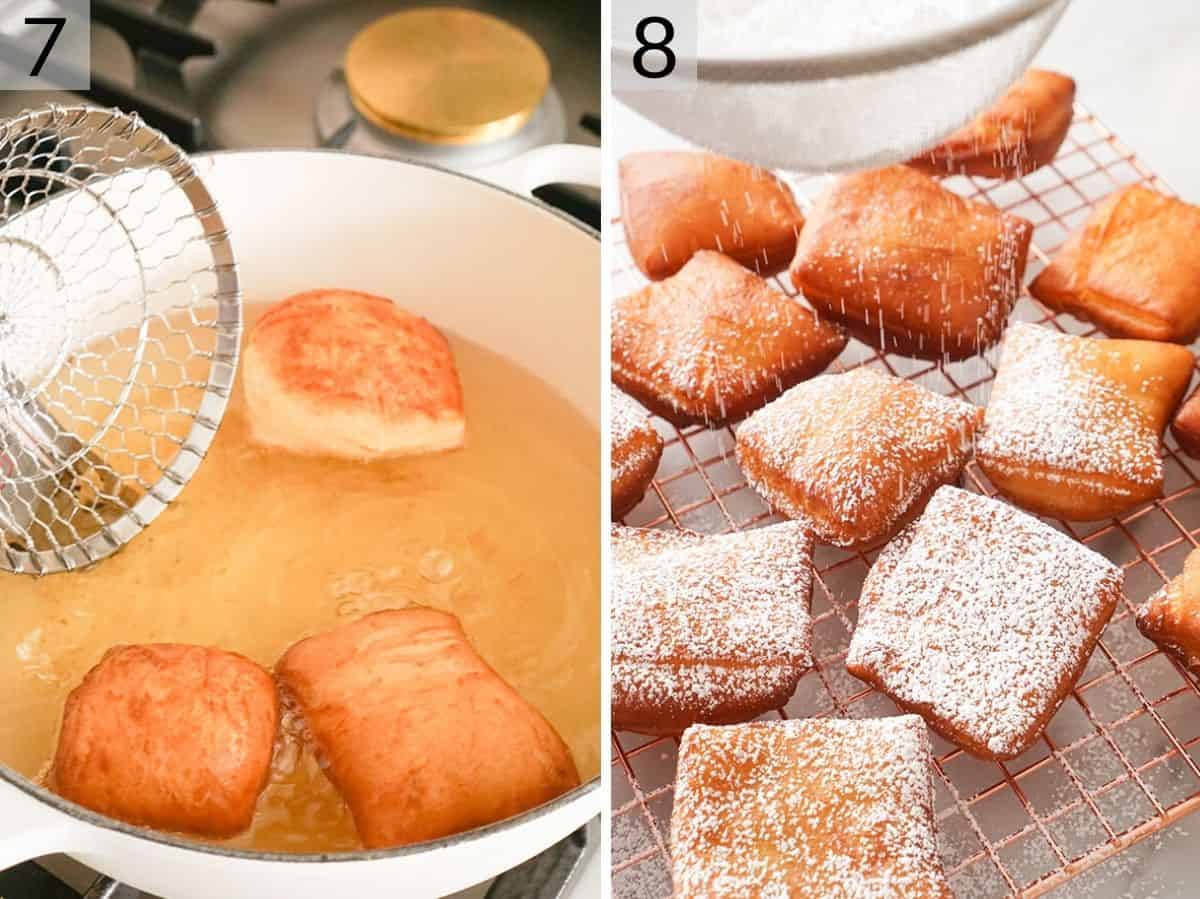 Two photos showing how to fry beignets and dust them with powdered sugar.