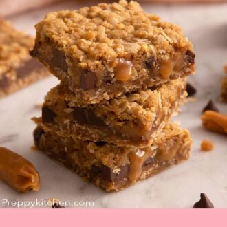 A pinterest graphic of three carmelitas stacked on top of each other.