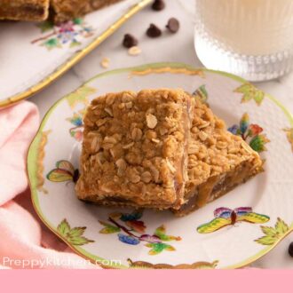 A pinterest graphic of two carmelitas on a plate with a glass of milk.