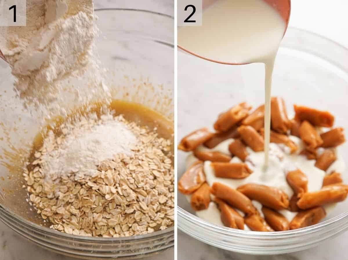Set of two photos showing rolled oats and sugar in a bowl and caramels and cream in another bowl.